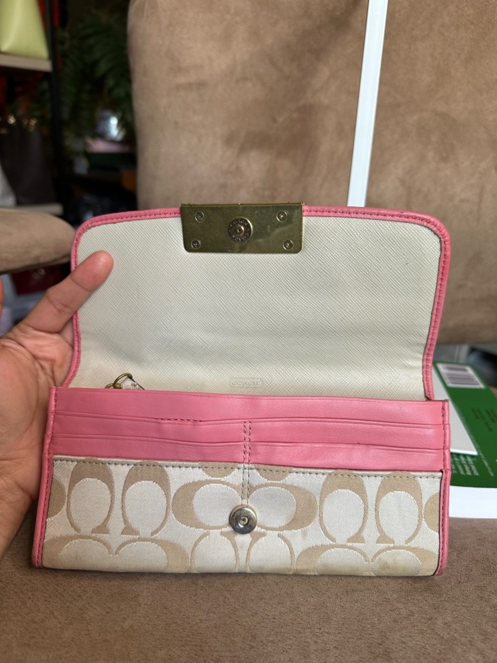 Coach Signature Canvas Continental Large Wallet in Pink Trim in Fair Condition - Picture 8 of 14